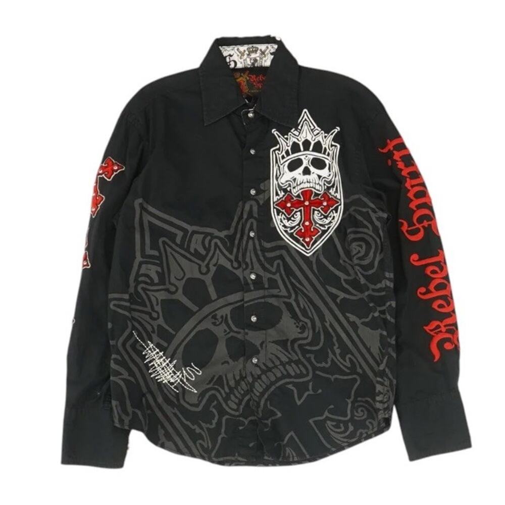 Rebel Spirit Embroidered Skull Rose Long Sleeve Button Down - Small